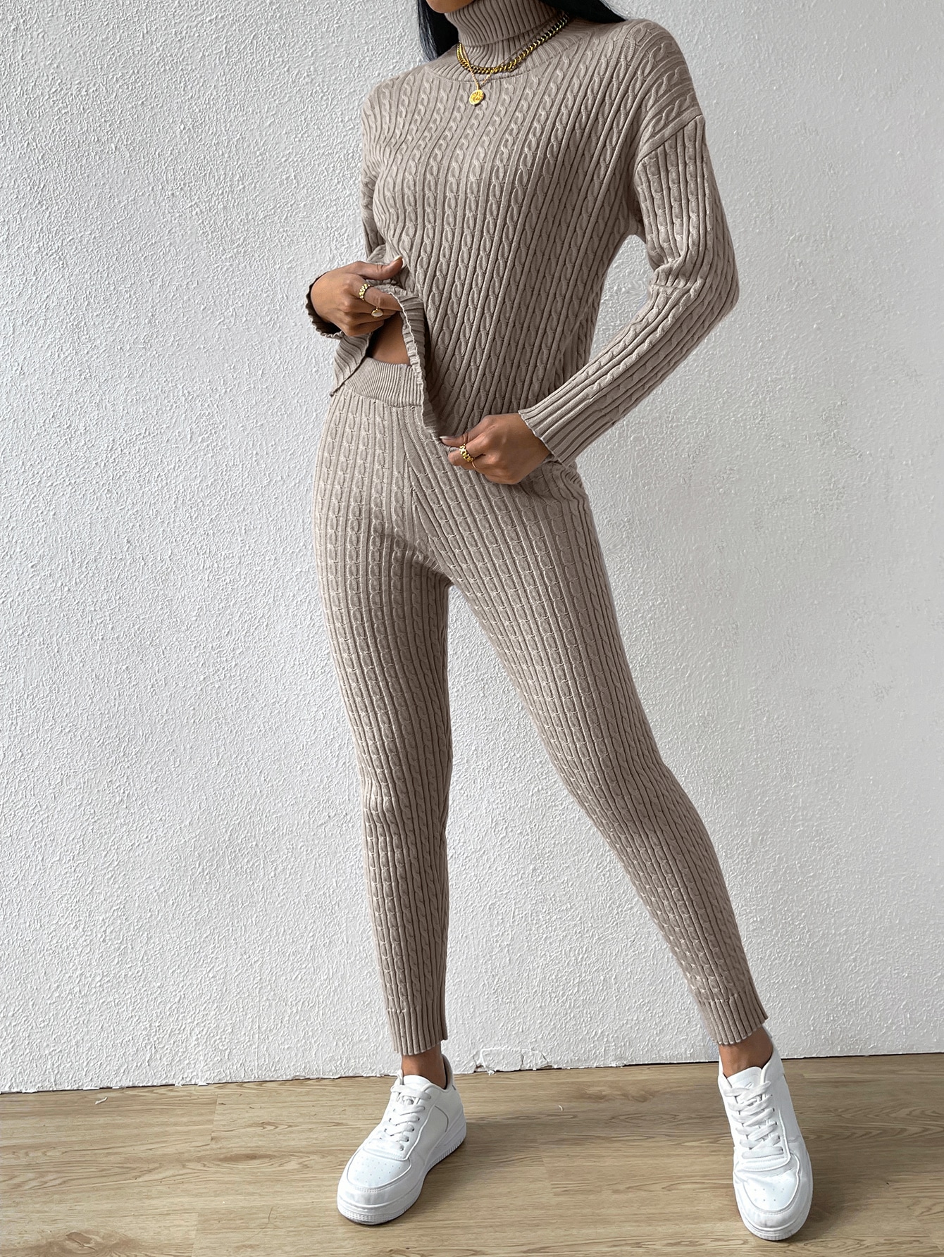SHEIN Essnce Turtle Neck Drop Shoulder Cable Knit Sweater & Knit Pants