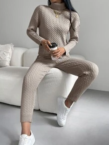 SHEIN Essnce 高領落肩袖麻花編織套頭毛衣和針織褲 - 卡其色 - 查看 7