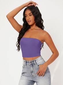 SHEIN BASICS Solid Crop Tube Top - Violet Purple - View 3