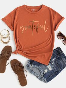 SHEIN LUNE Camiseta con estampado de letra - Naranja Quemada - Ver 1