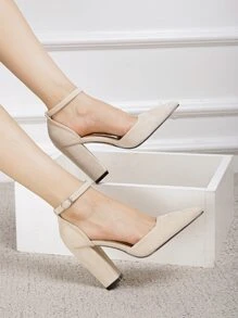 Point Toe Chunky Heeled Suedette Ankle Strap Pumps - Apricot - View 1