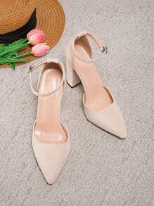 Point Toe Chunky Heeled Suedette Ankle Strap Pumps - Apricot - View 2