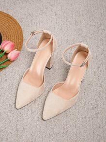 Point Toe Chunky Heeled Suedette Ankle Strap Pumps - Apricot - View 3