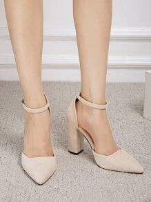 Point Toe Chunky Heeled Suedette Ankle Strap Pumps - Apricot - View 4