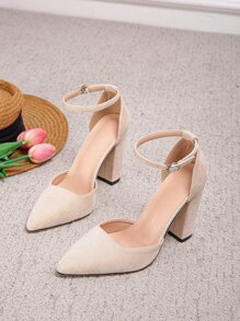Point Toe Chunky Heeled Suedette Ankle Strap Pumps - Apricot - View 5