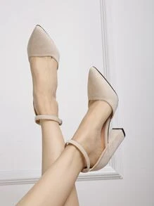 Point Toe Chunky Heeled Suedette Ankle Strap Pumps - Apricot - View 6