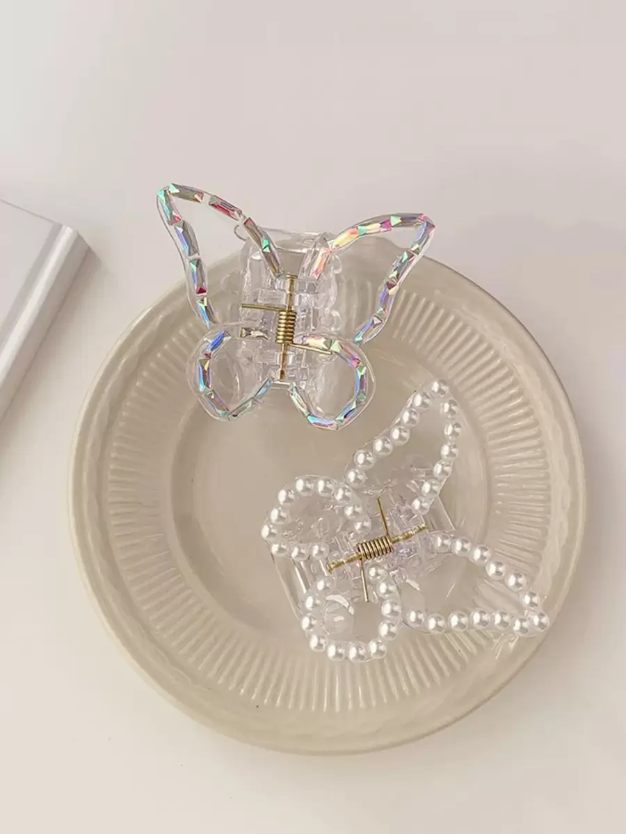 2pcs Faux Pearl Decor Butterfly Design Y2K Hair Claw Street Claw Clips Hair Clips Hair Jaw Clip Hair Clamps Hair Clutch Hair Claw Clip, School Stuff, College, Pearl Hair Accessories Fall Winter For Vacation Outfits Woman Summer Beach, Holiday, Travel - Multicolor - View 1