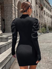 Knit Mix 纯色半高领泡泡袖紧身毛衣连衣裙，春秋 - 黑色 - 查看 2