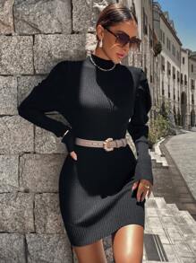 Knit Mix 纯色半高领泡泡袖紧身毛衣连衣裙，春秋 - 黑色 - 查看 1