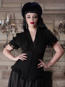 Scarlet Darkness Solid Frill Trim Blouse - Black - View 1