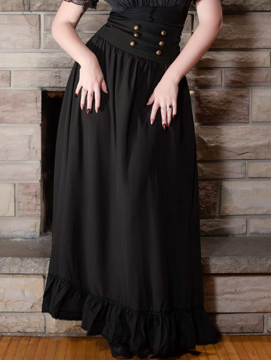 Scarlet Darkness Double Breasted Ruffle Hem Skirt - Black - View 1
