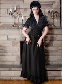 Scarlet Darkness Double Breasted Ruffle Hem Skirt - Black - View 3