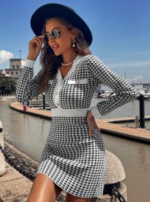 Vestido de punto con patrón de pata de gallo - Blanco y Negro - Ver 3