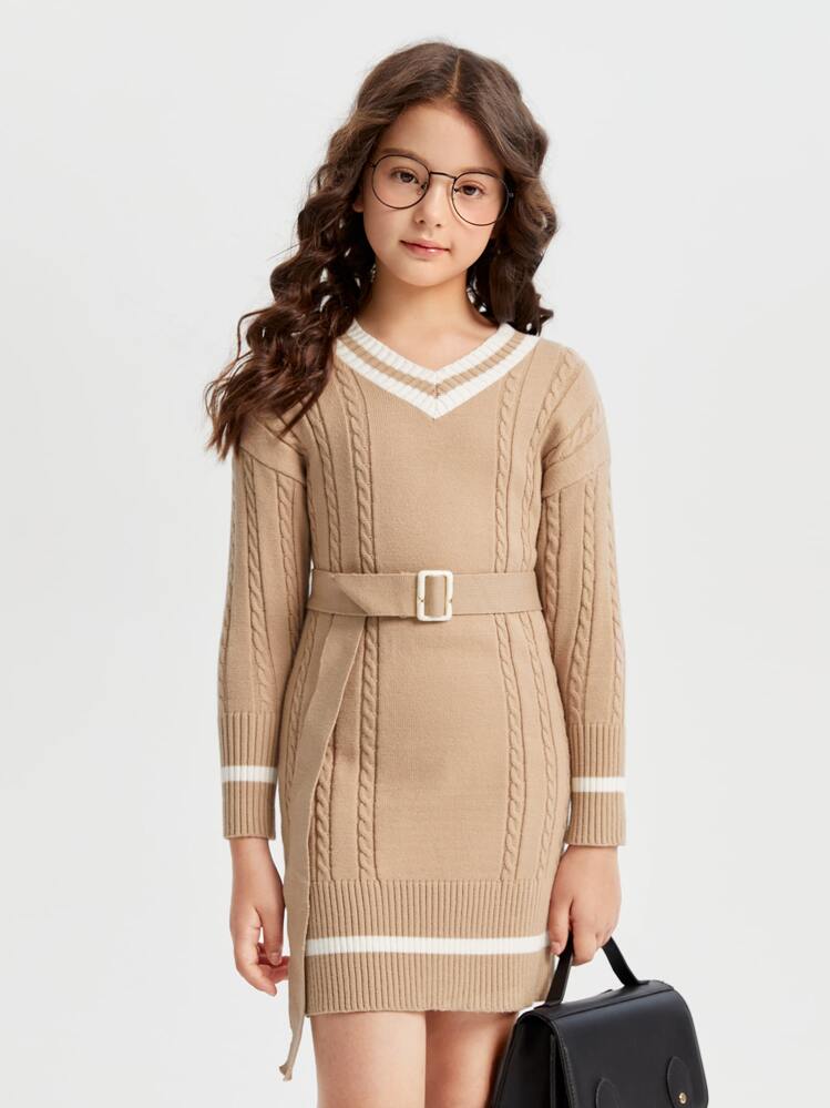Girls Striped Trim Drop Shoulder Cable Knit Buckled Belted Sweater Dress - Camel - View 1