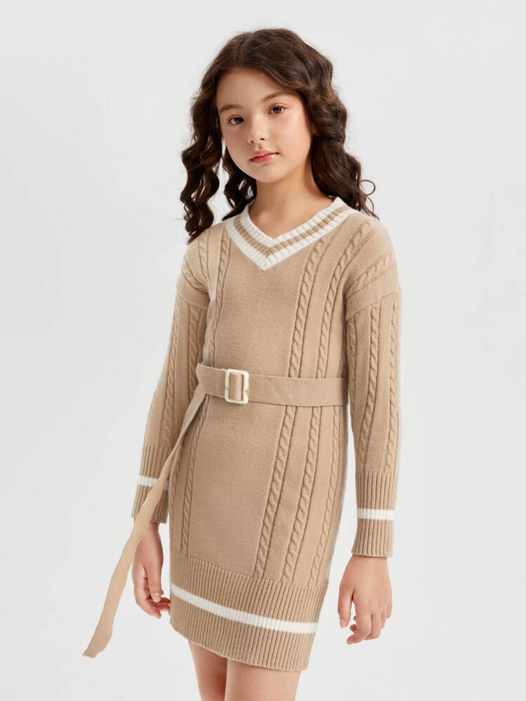 Girls Striped Trim Drop Shoulder Cable Knit Buckled Belted Sweater Dress - Camel - View 3