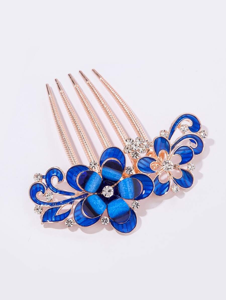 Rhinestone & Flower Decor Hair Comb - Blue - View 1
