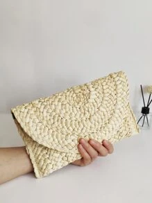 Minimalist Flap Straw Bag - Beige - View 1