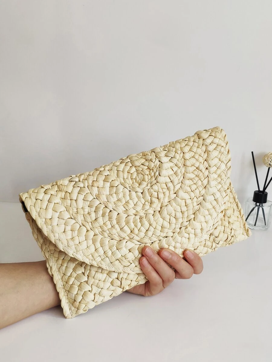 Minimalist Flap Straw Bag - Beige - View 1