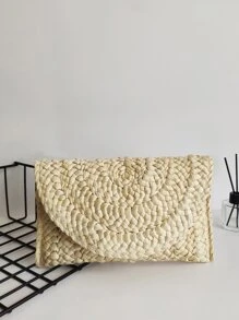 Minimalist Flap Straw Bag - Beige - View 2