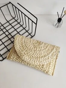 Minimalist Flap Straw Bag - Beige - View 6