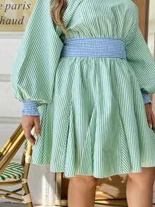 Simplee Plus Lantern Sleeve Flare Hem Dress - Multicolor - View 7