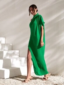 SHEIN Belle 單肩下擺開叉連衣裙 - 綠色 - 查看 3