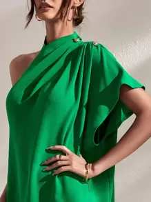 SHEIN Belle 單肩下擺開叉連衣裙 - 綠色 - 查看 6