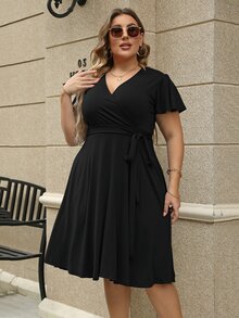 Vestido cruzado unicolor con nudo lateral - Negro - Ver 3