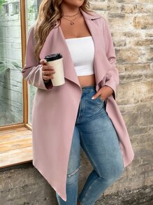 SHEIN LUNE Plus Waterfall Collar Belted Coat - Dusty Pink - View 1