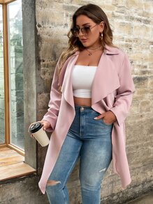 SHEIN LUNE Plus Waterfall Collar Belted Coat - Dusty Pink - View 4