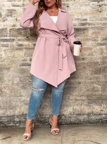 SHEIN LUNE Plus Waterfall Collar Belted Coat - Dusty Pink - View 5