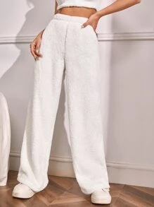 SHEIN EZwear High Waist Flannel Straight Leg Pants - White - View 1