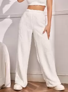 SHEIN EZwear High Waist Flannel Straight Leg Pants - White - View 3