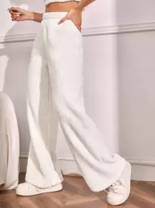 SHEIN EZwear High Waist Flannel Straight Leg Pants - White - View 4