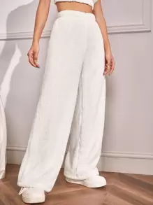 SHEIN EZwear High Waist Flannel Straight Leg Pants - White - View 5