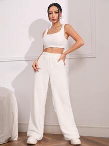 SHEIN EZwear High Waist Flannel Straight Leg Pants - White - View 6