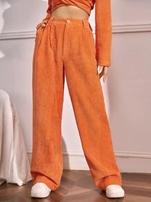 SHEIN EZwear High Waist Plicated Detail Straight Leg Trousers - Orange - View 1