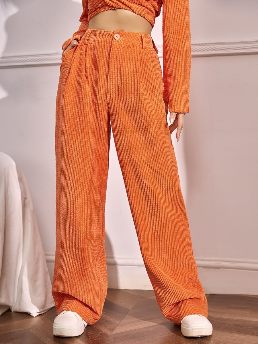 SHEIN EZwear High Waist Plicated Detail Straight Leg Trousers - Orange - View 1