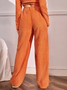 SHEIN EZwear High Waist Plicated Detail Straight Leg Trousers - Orange - View 2