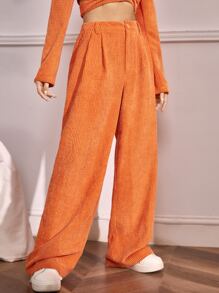 SHEIN EZwear High Waist Plicated Detail Straight Leg Trousers - Orange - View 4