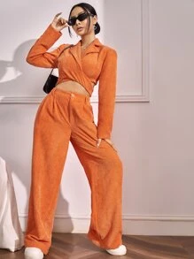 SHEIN EZwear High Waist Plicated Detail Straight Leg Trousers - Orange - View 5