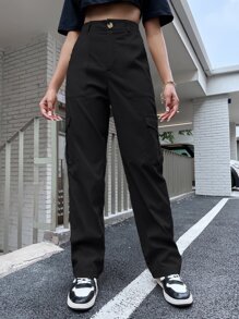 SHEIN Unity High Waist Flap Pocket Side Cargo Pants - Black - View 1