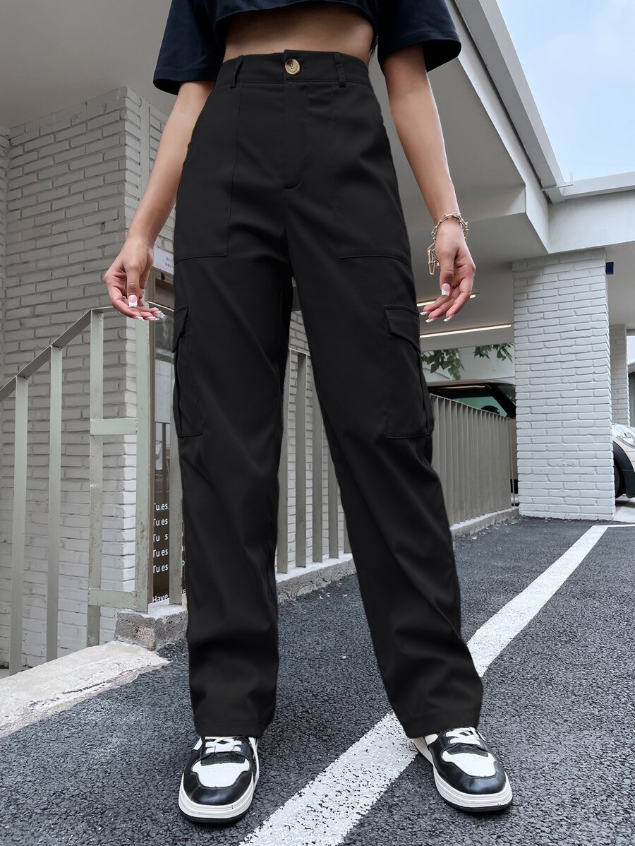 SHEIN Unity High Waist Flap Pocket Side Cargo Pants - Black - View 1
