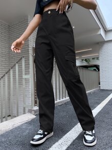 SHEIN Unity High Waist Flap Pocket Side Cargo Pants - Black - View 3