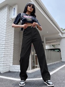 SHEIN Unity High Waist Flap Pocket Side Cargo Pants - Black - View 4