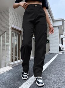 SHEIN Unity High Waist Flap Pocket Side Cargo Pants - Black - View 5