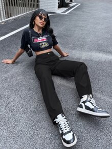 SHEIN Unity High Waist Flap Pocket Side Cargo Pants - Black - View 6