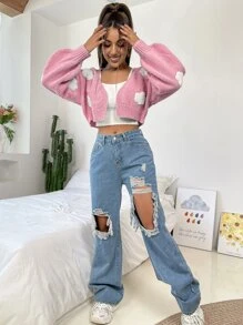 SHEIN Unity Cárdigan con patrón de nubes sin camisola - Rosa Pálido - Ver 5