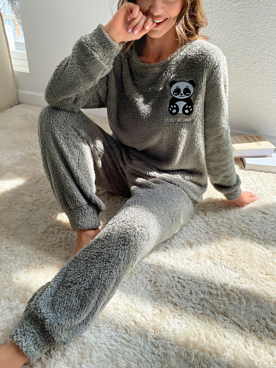 Letter Embroidery Cartoon Patched Detail Flannel PJ Set - Grey - View 1