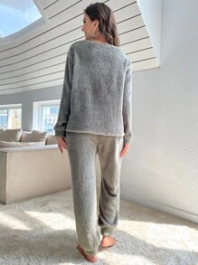 Letter Embroidery Cartoon Patched Detail Flannel PJ Set - Grey - View 2